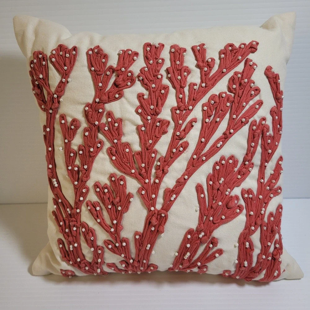 Pottery Barn Throw Pillow Coral Coastal Beaded Red White 12x12 Square Cotton